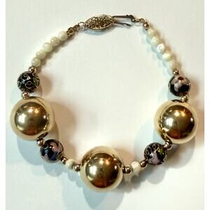 Vintage Style Cloisonné Floral Bracelet Large Goldtone Beads White Orbs 8.5”
